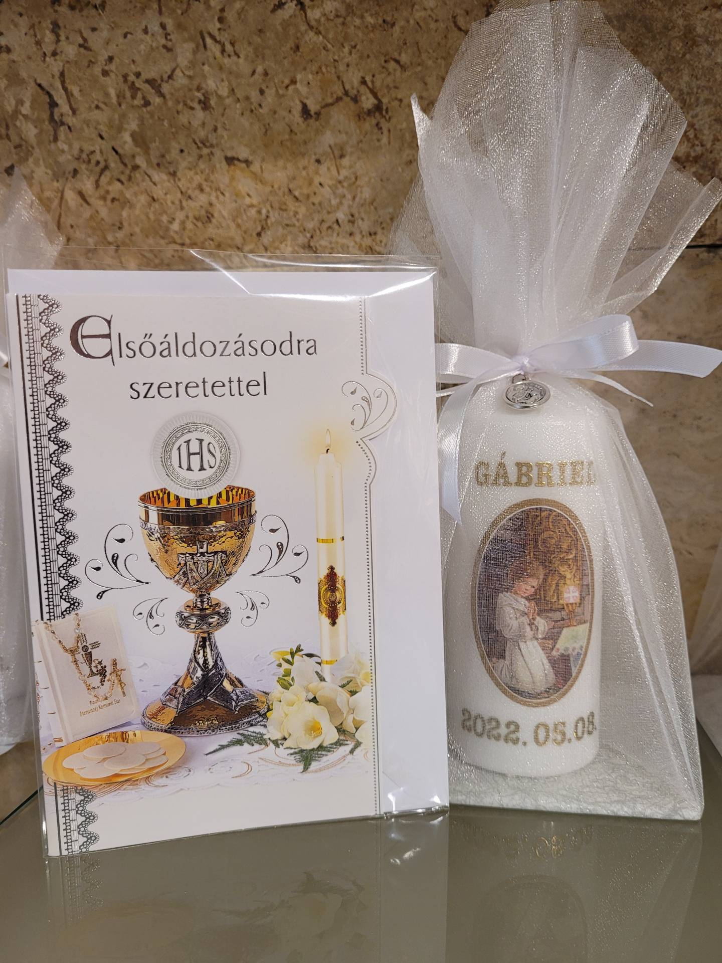 Elsőáldozásra Emlékgyertya +KehelyÉremmel + Gratulációs lap 