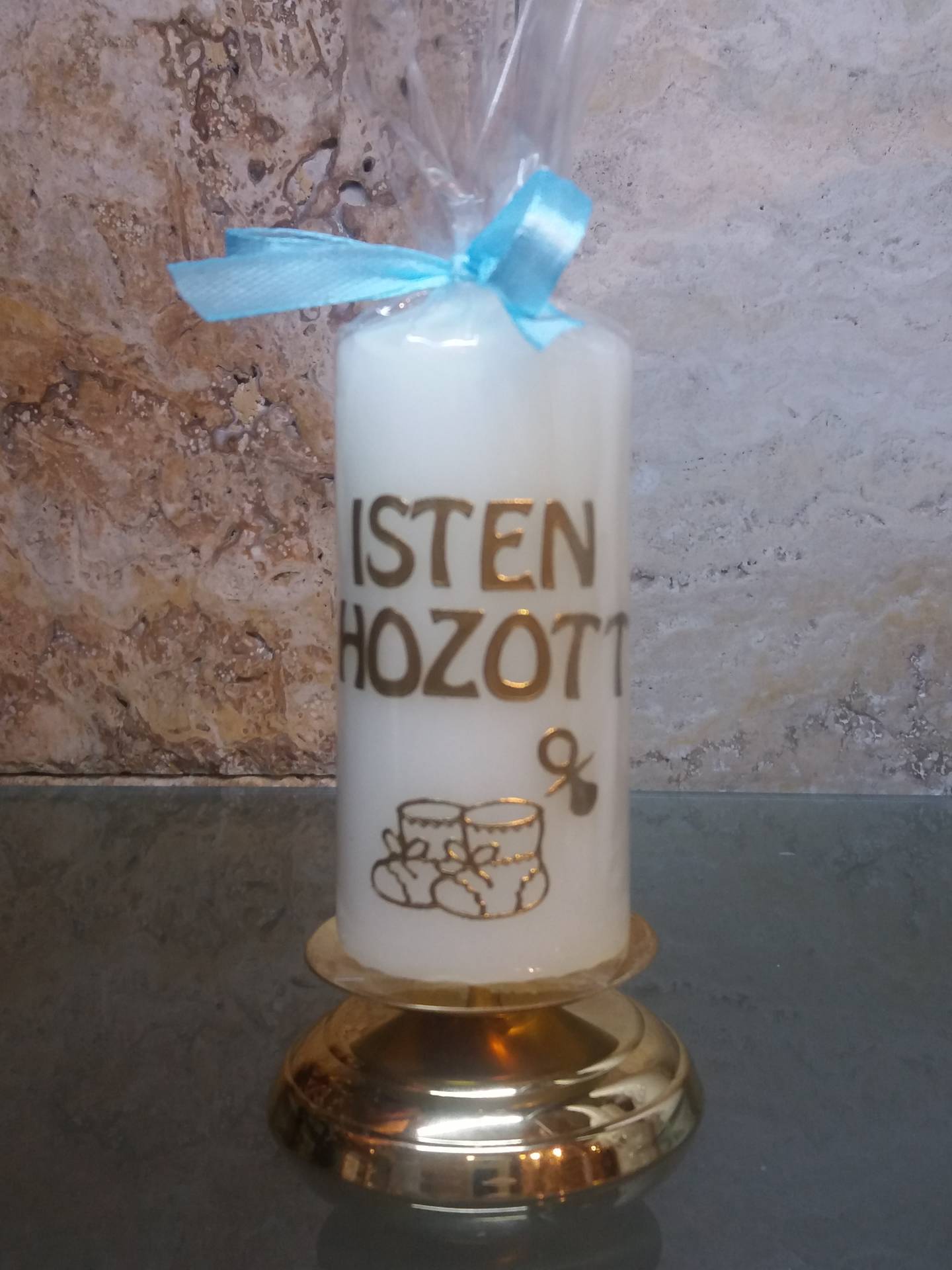 Babaszületésre Ajándékba gyertya réz tartóval 