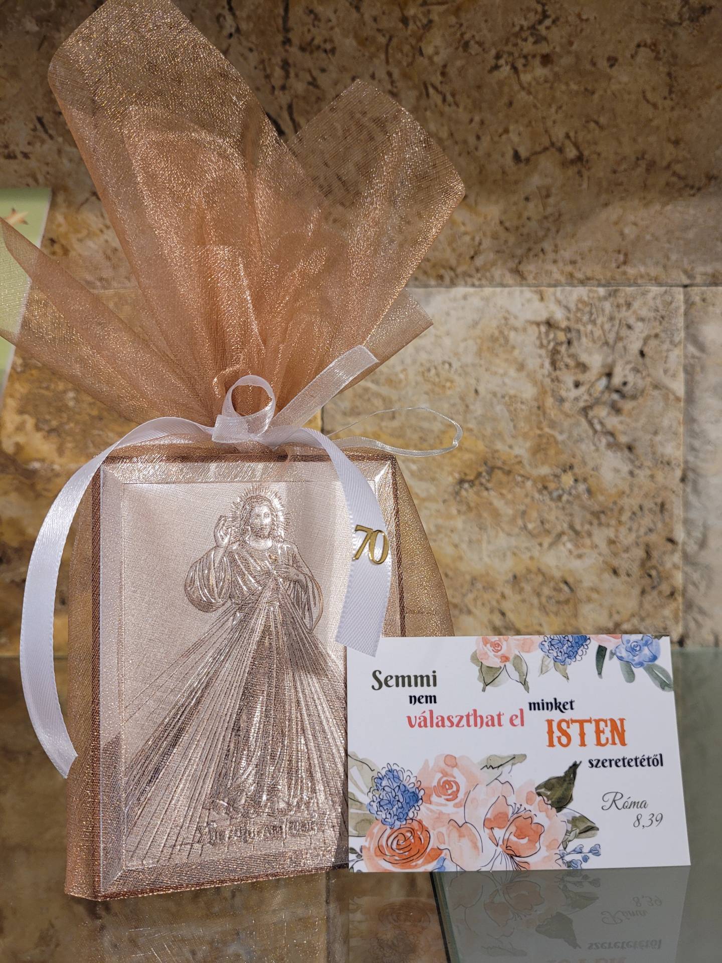 70. Születésnapra Ezüst ikon Irgalmas Jézus 10cm*8cm diszcsomagolásban+ köszöntö kártya 