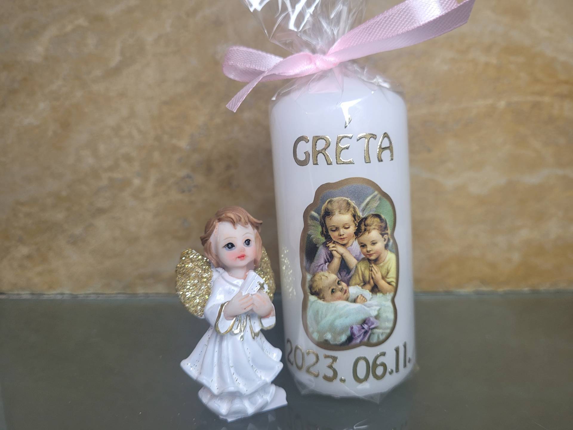 KERESZTELŐRE AJÁNDÉKGYERTYA  9cm*4cm + angyalka  