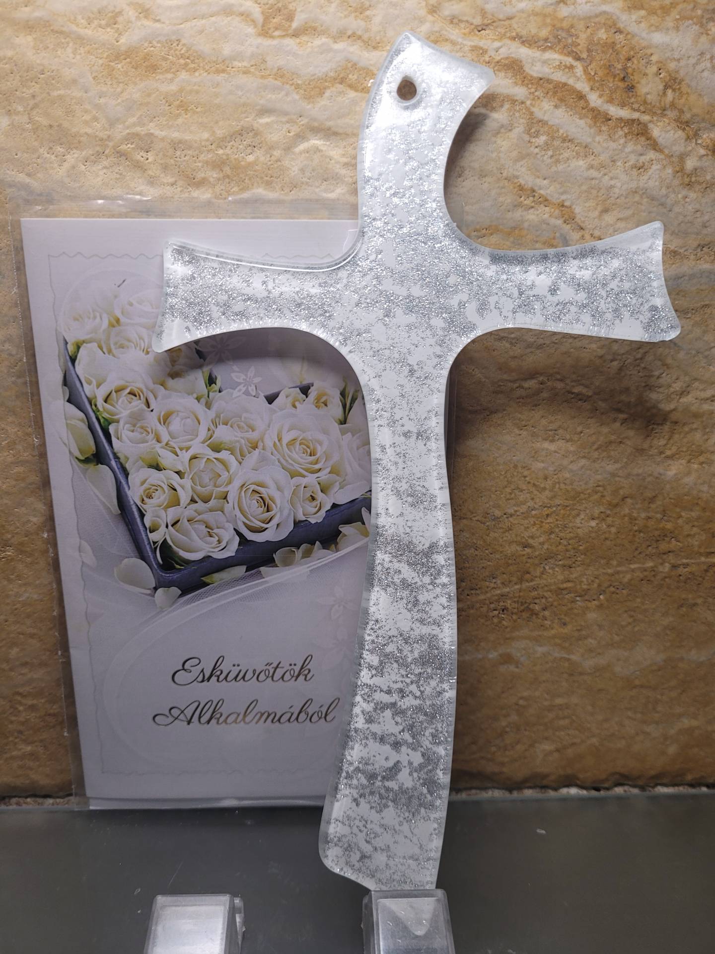 Muránoi Üvegkereszt 23cm+gratulációs Lap esküvöi Ajándék v. Házassági Évfordulóra gyönyörű Ajándék 