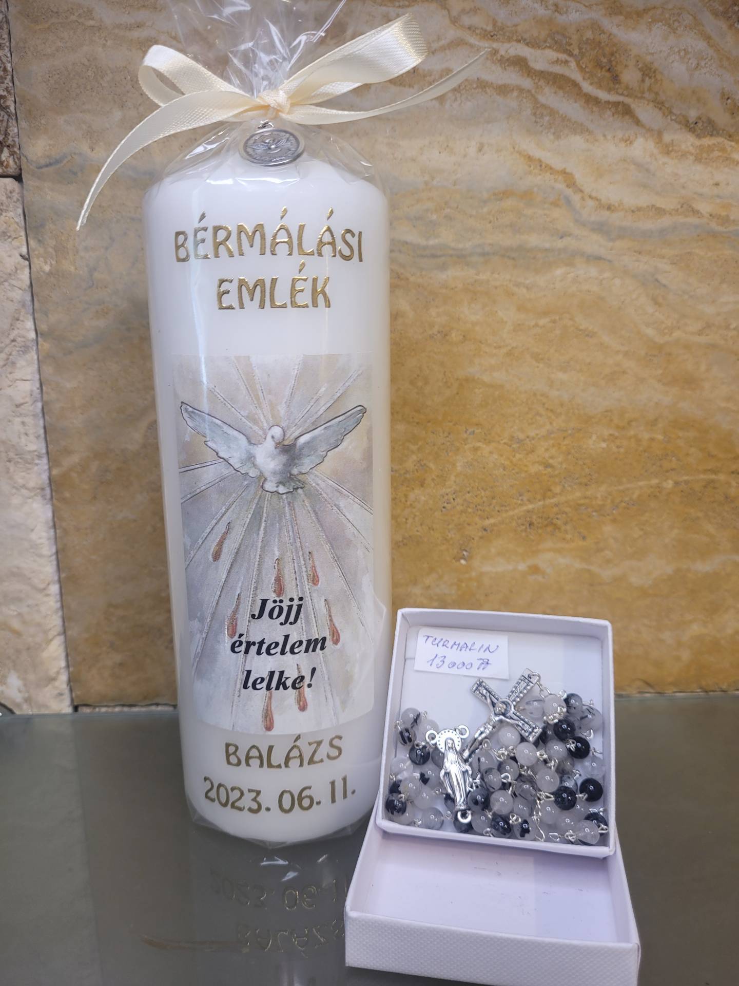 Bérmálásra Ajándékcsomag/Névreszoló Gyertya+Turmalin Ásvány rózsafüzér 