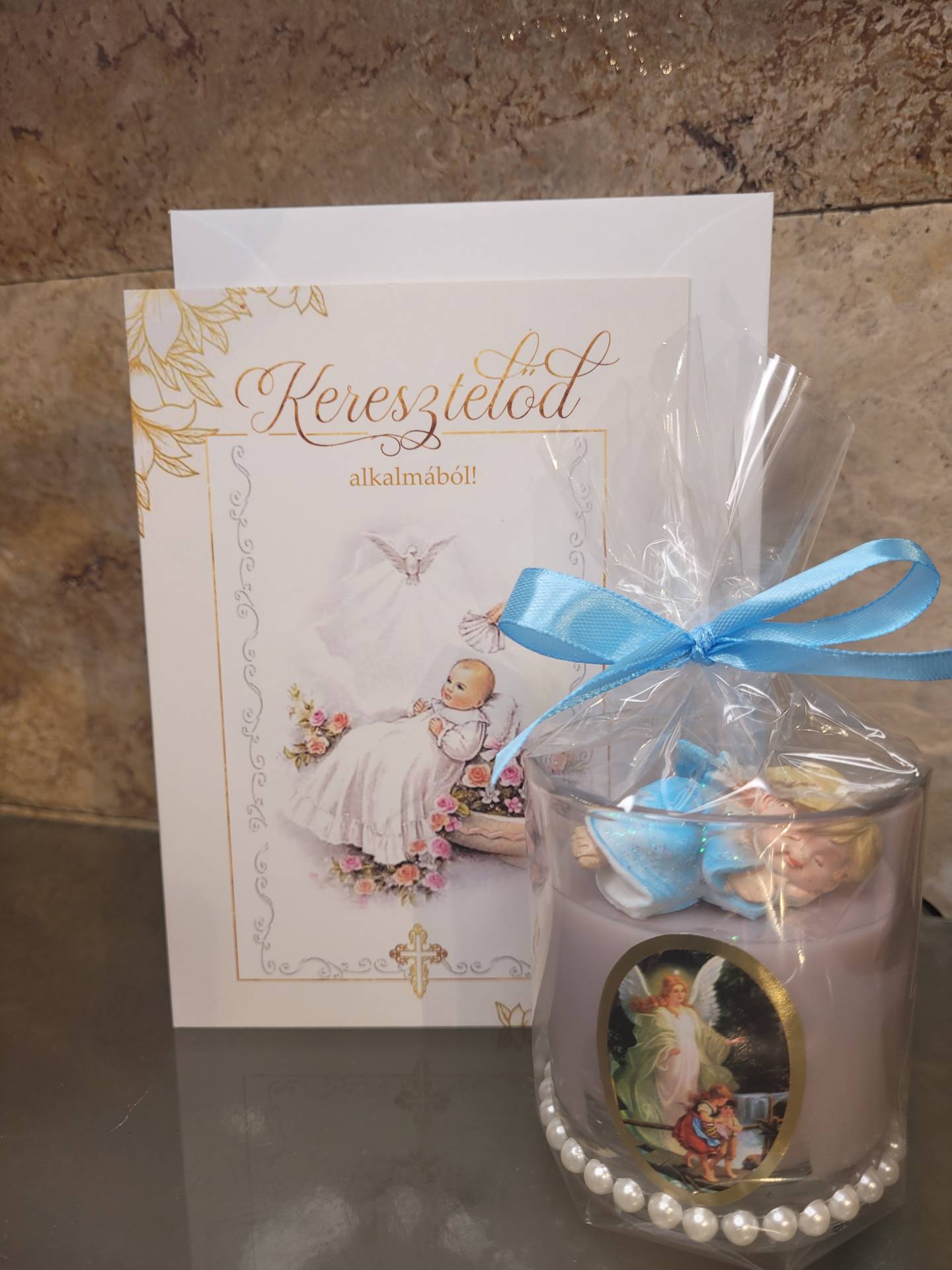 Keresztelőre Ajándékcsomag Kisfiúnak! Gratulációs lap + gyertya angyalkával  