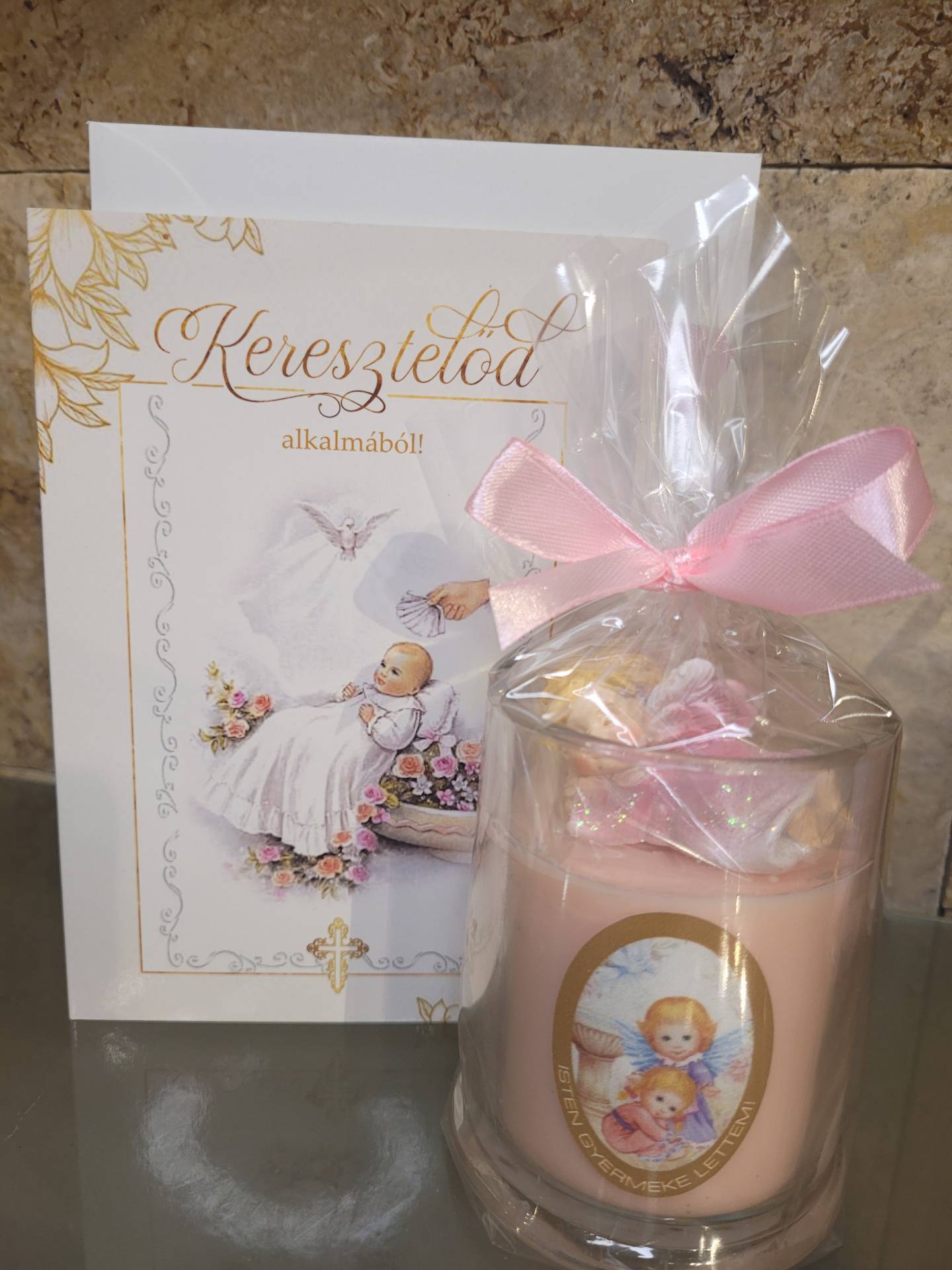 Keresztelőre Ajándékcsomag Kislánynak!Keresztelőre Gratulációs Lap Áldással+ Gyertya+ Angyal 