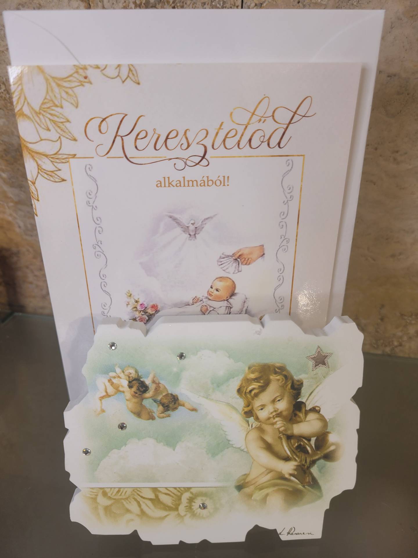 Őrangyal Swarowski kristály kép tászatható Akasztható +keresztelőre gratulációs lap Áldással  