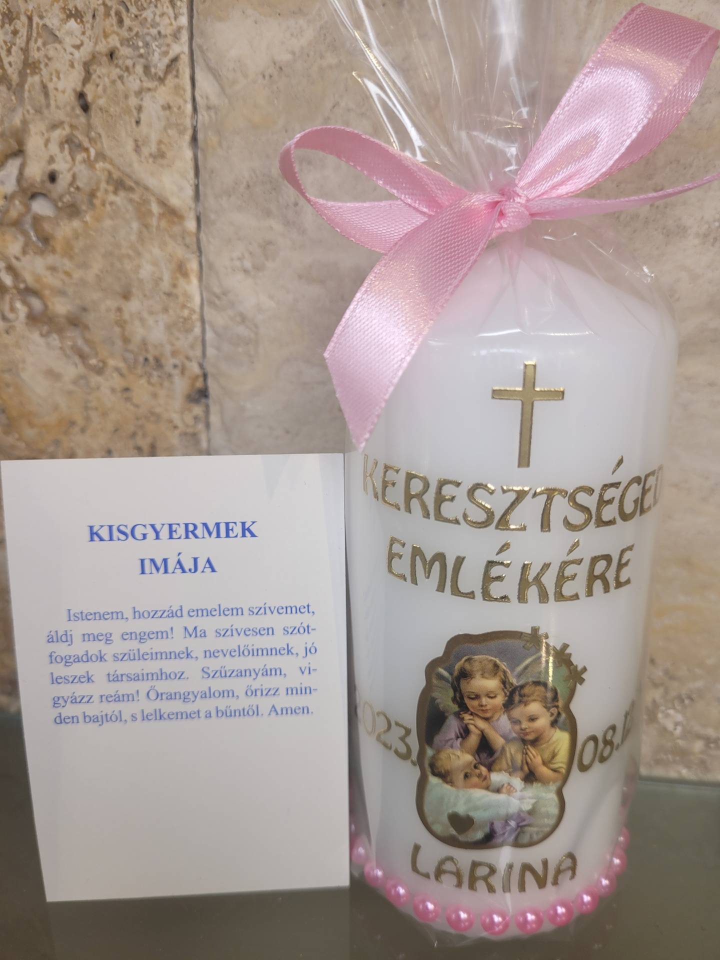 Keresztséged Emlékére Ajándékgyertya név + keresztelő dátuma kerül rá!+ IMAKÉP KISLÁNYNAK 