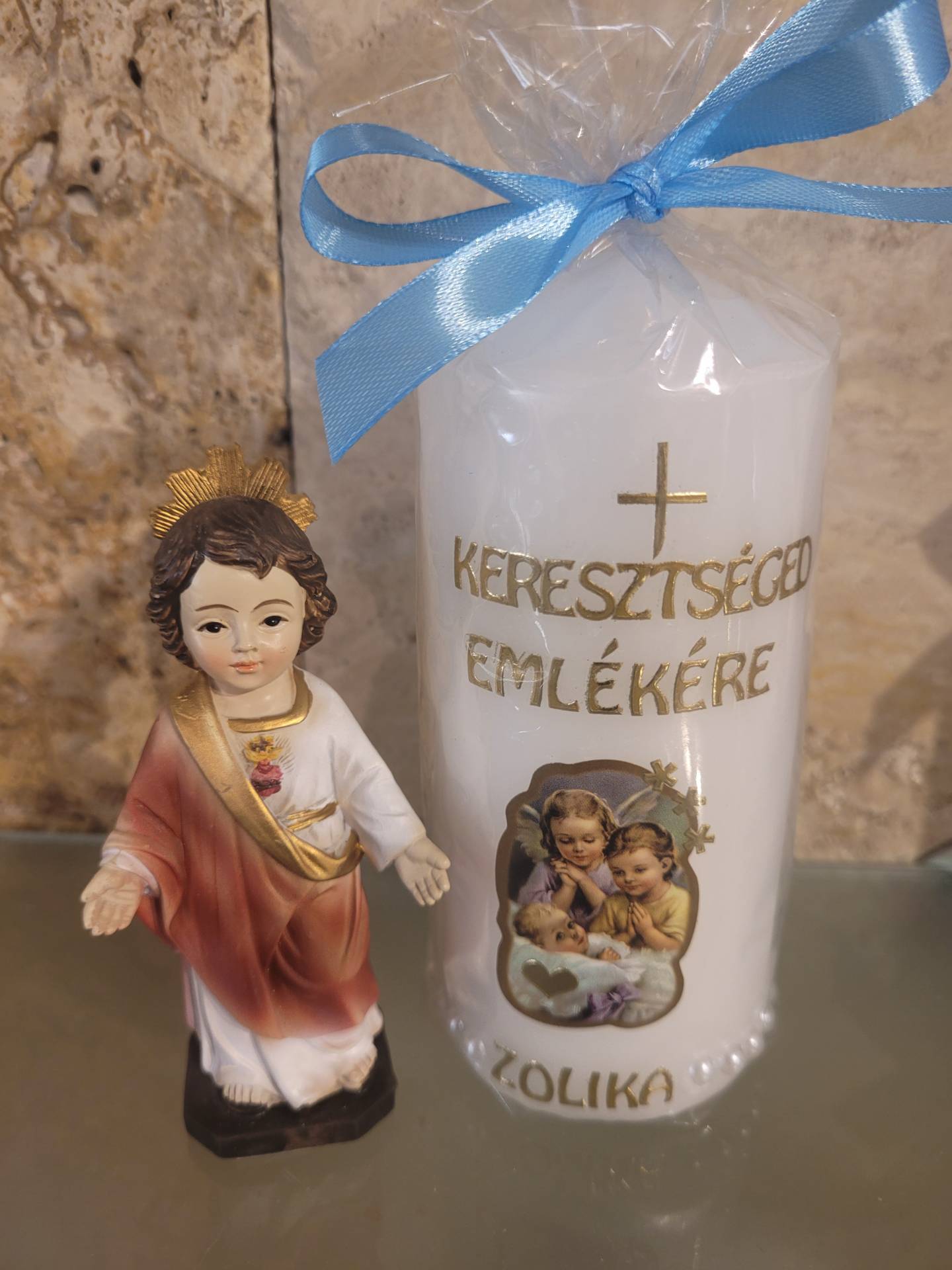 Kisfiúnak Keresztelőre,Babaszületésre, születésnapra is elkészitjük az ajándékgyertyát+ Jézus szive szobor 12cm 