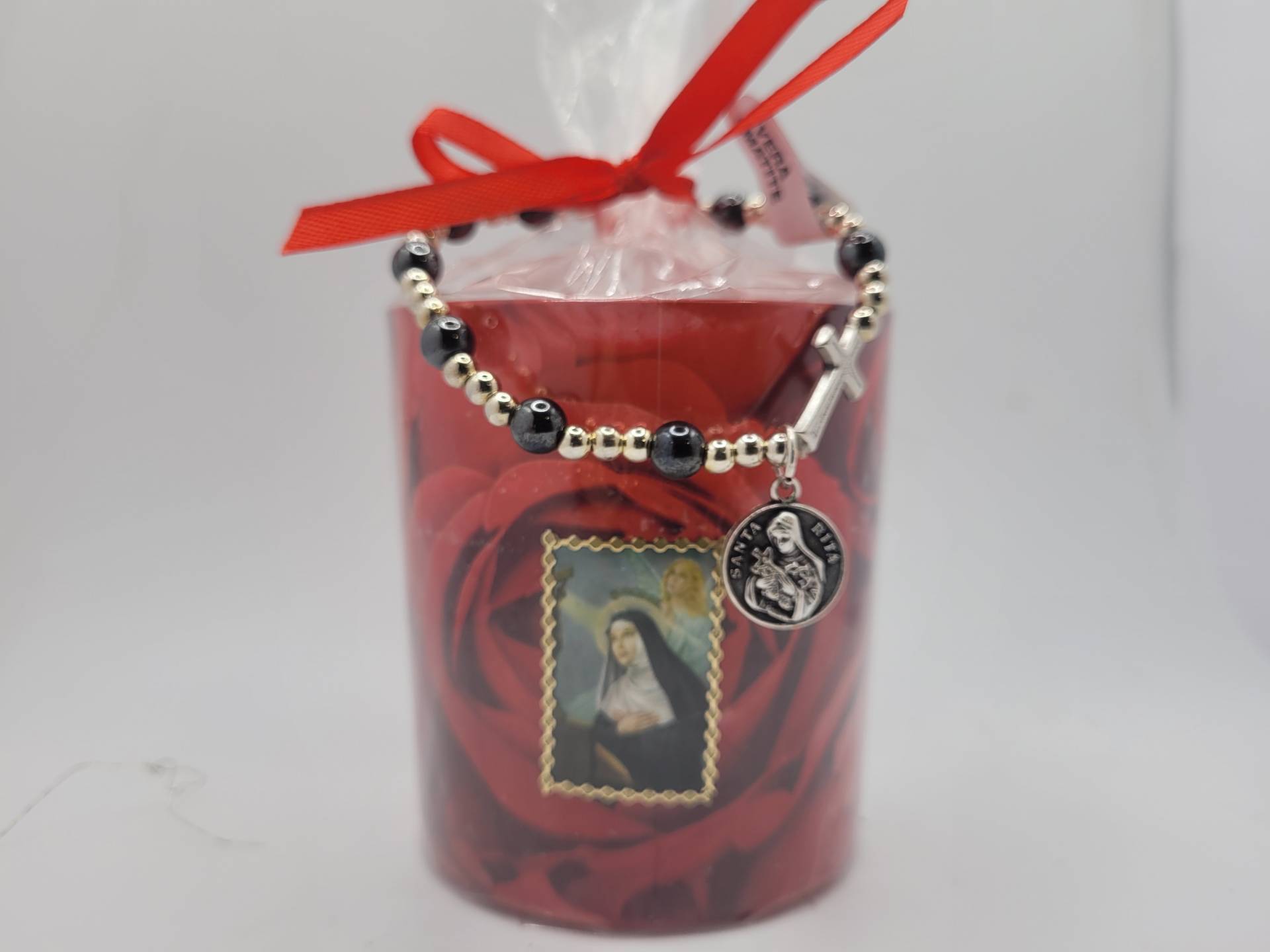 Szent Rita ajándékcsomag Karkötő szent Rita Éremmel + gyertya Szent Rita képpel 