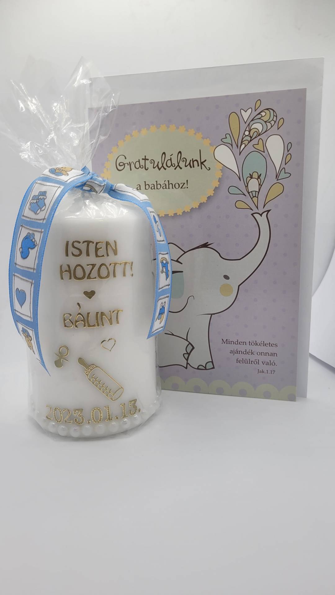 Babaszületésre Ajándékba Névreszolo+dátumGyertya+Gratulációs Lap Áldással 