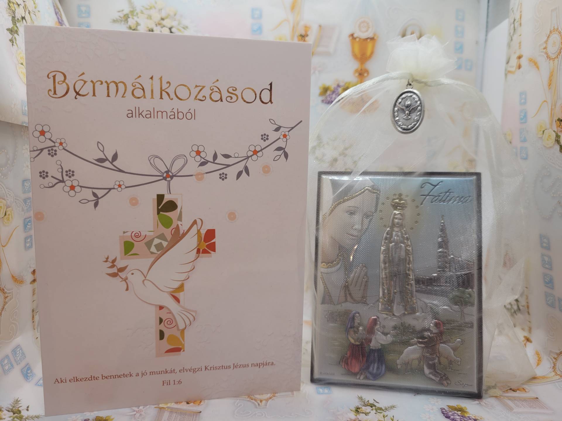 Bérmálkozónak Életreszoló Ajándék Ezüst ikon + szentlélek érem +gratulációs lap Áldással 