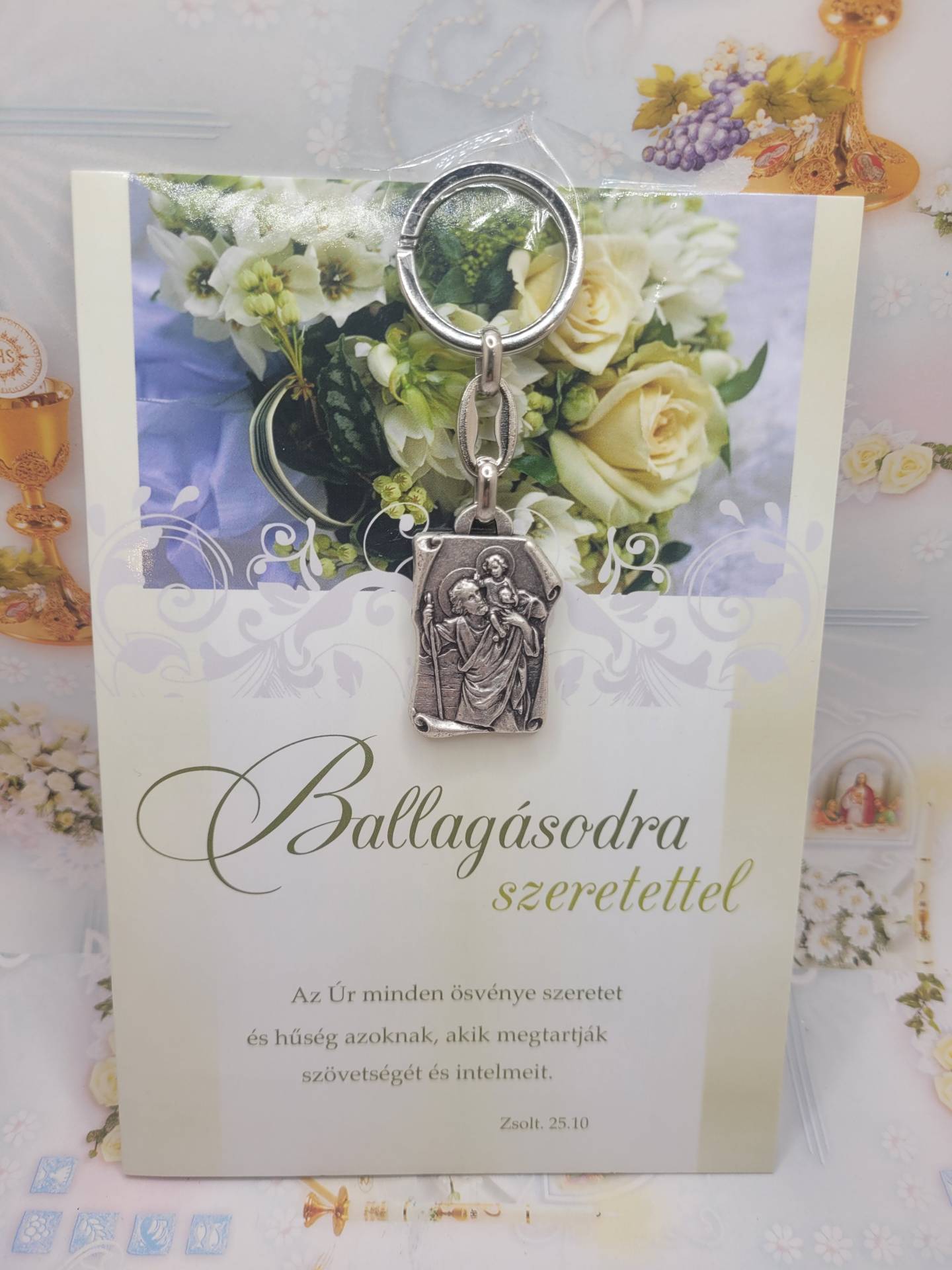 Ballagásra gratulációs lap Isten Áldásával+ szent kristóf kulcstartó 