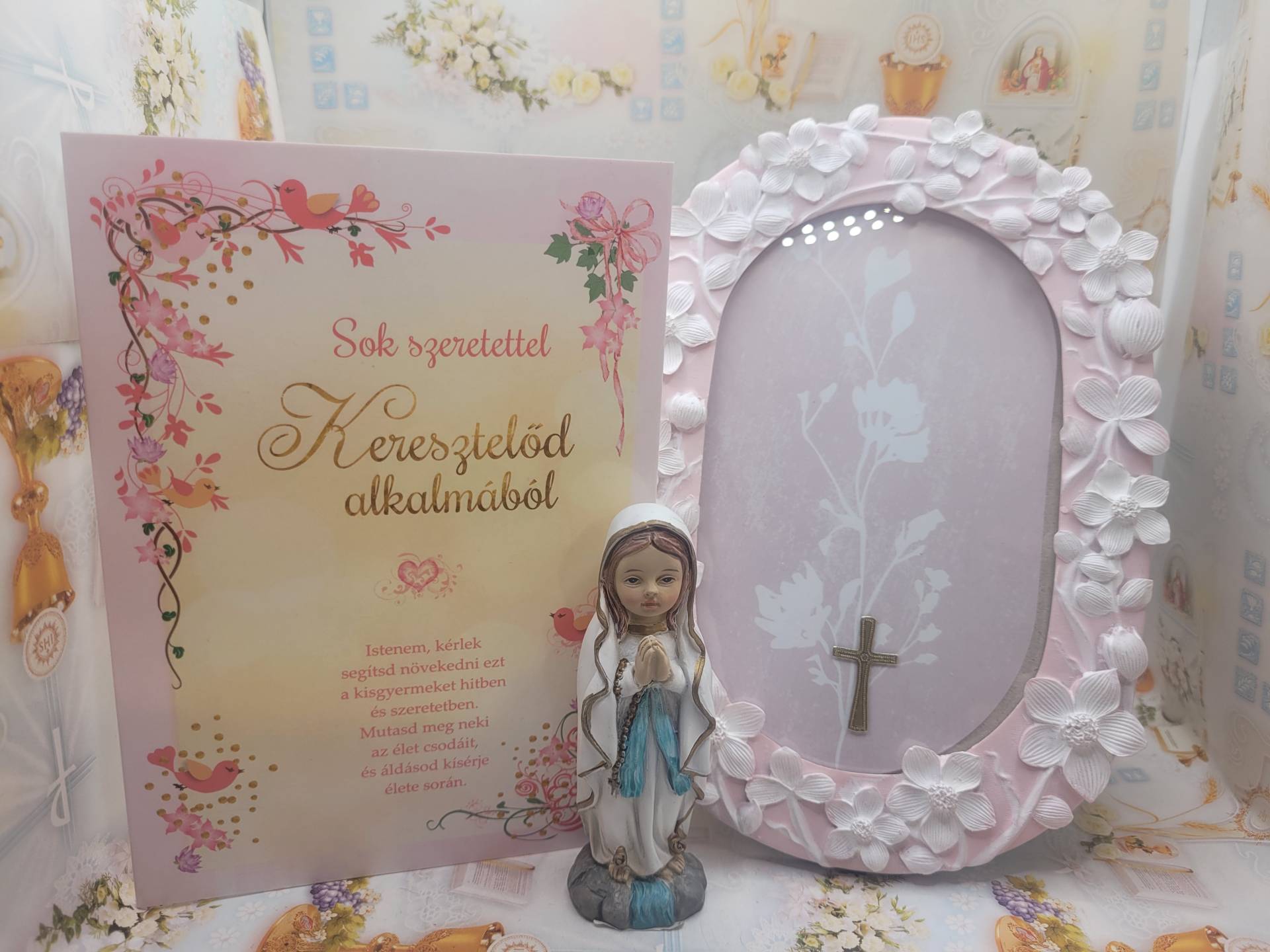Kislány Keresztelőjére Képkeret+ Gratulációs Lap Áldással+ Szűzanyaszobor 12cm 