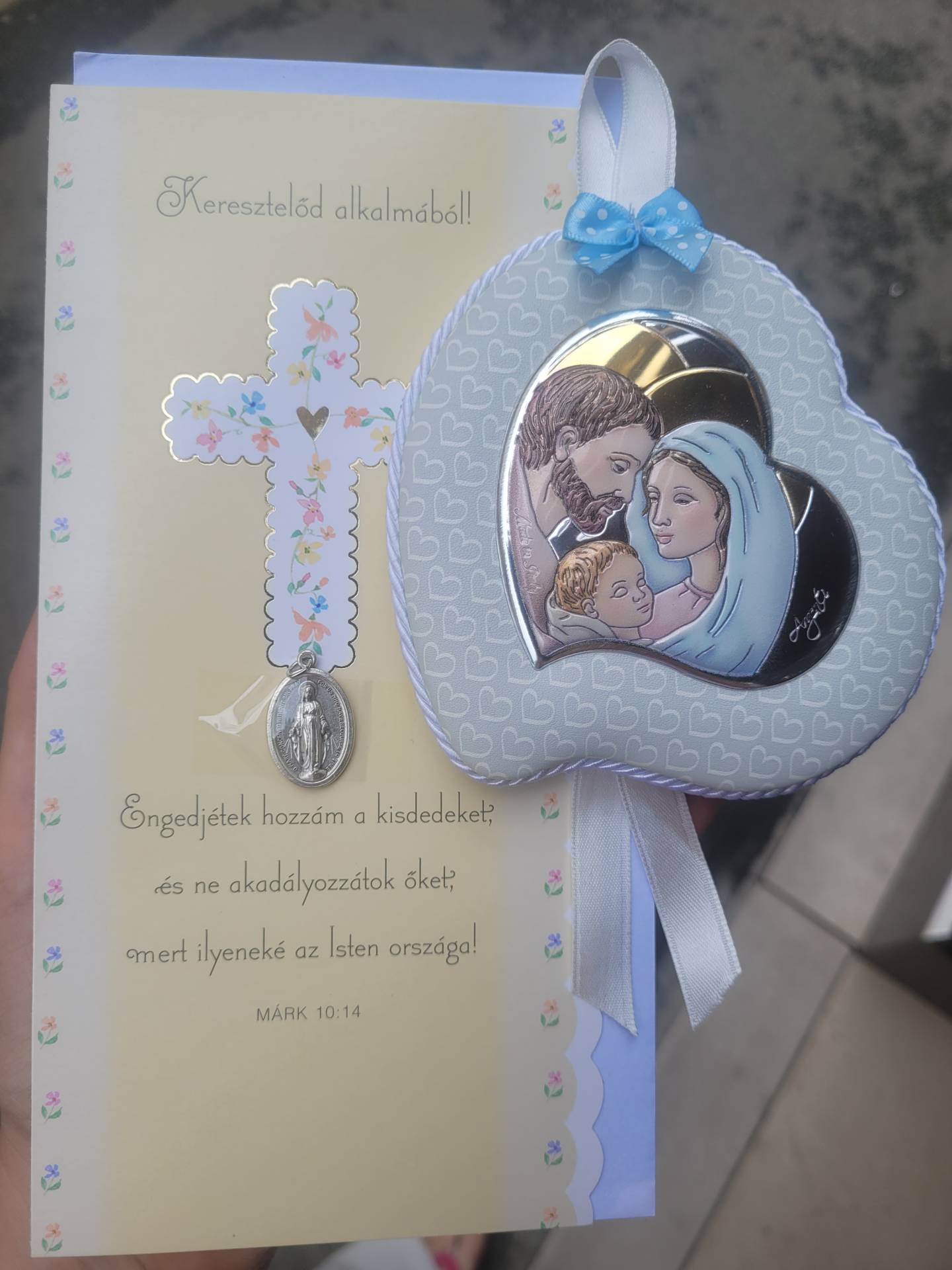 Keresztelőre Ezüst ikon szent csalás kisgyermek szobájába+gratulációs lap Áldással 