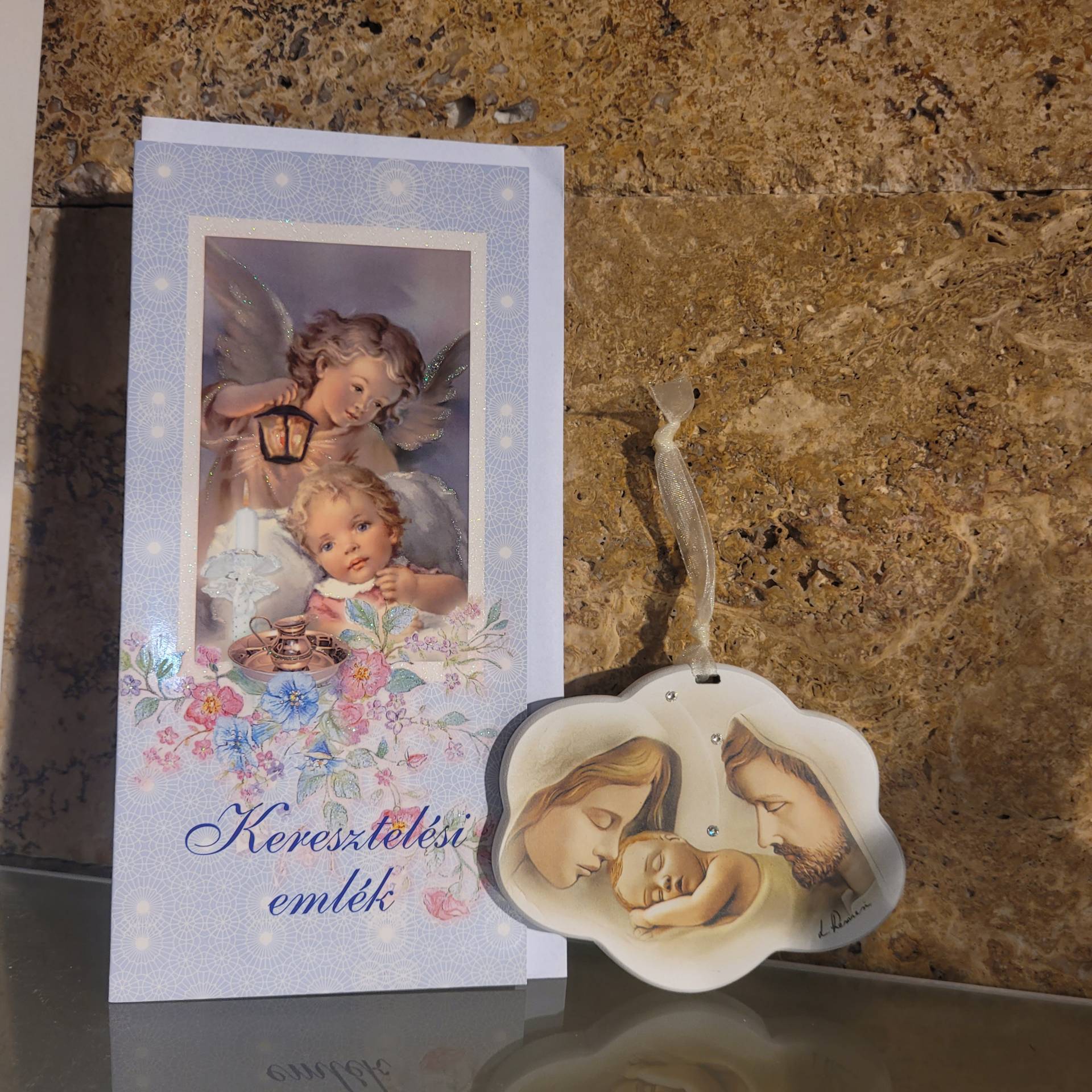 Keresztelőre Swarovski kővel Szent Család+emléklap fiúknak lányoknak is ajánlom Ajándékba 