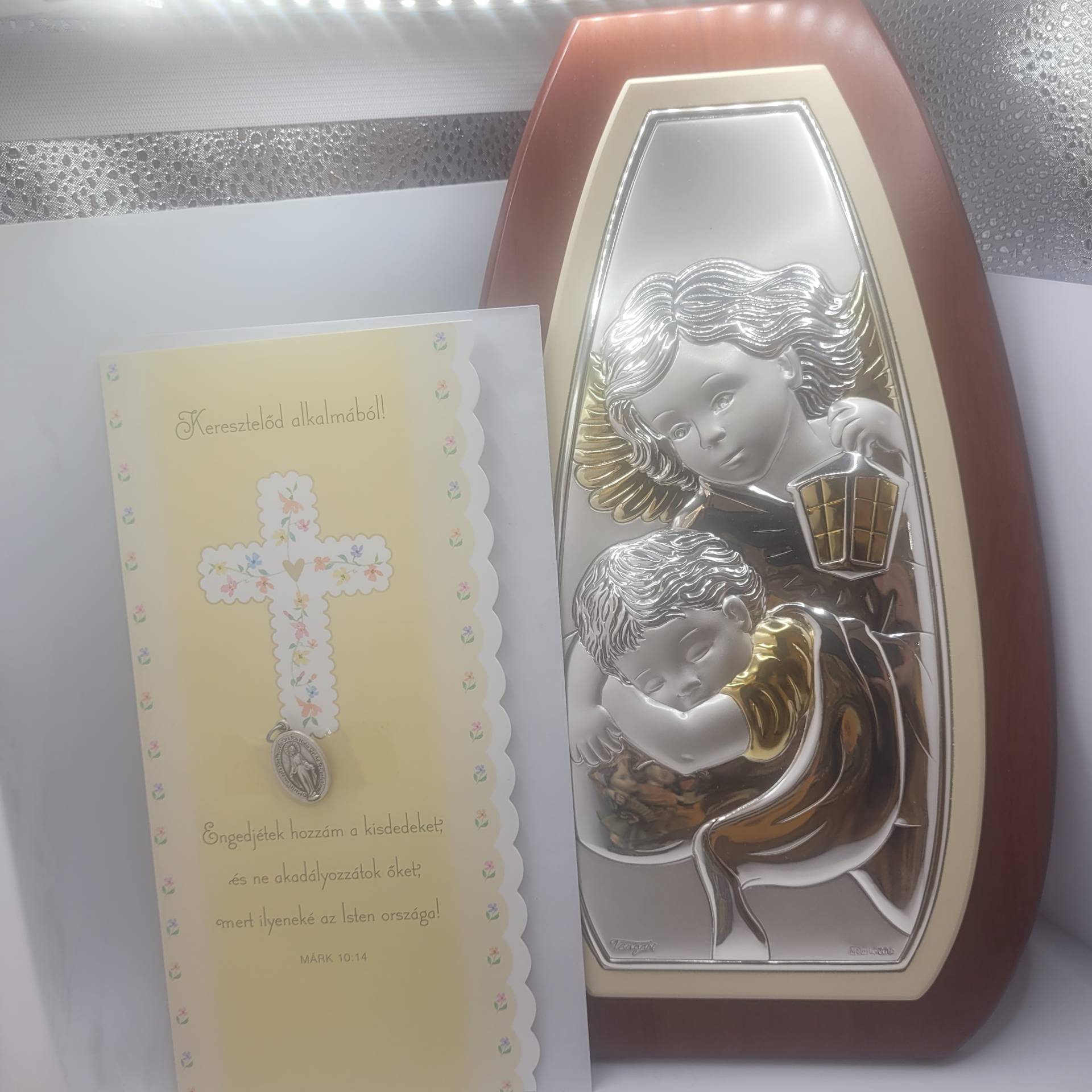 Őrangyal Ezüst ikon méret:30cm*17cm + gratulációs lap Szűzanyaéremmel 52 