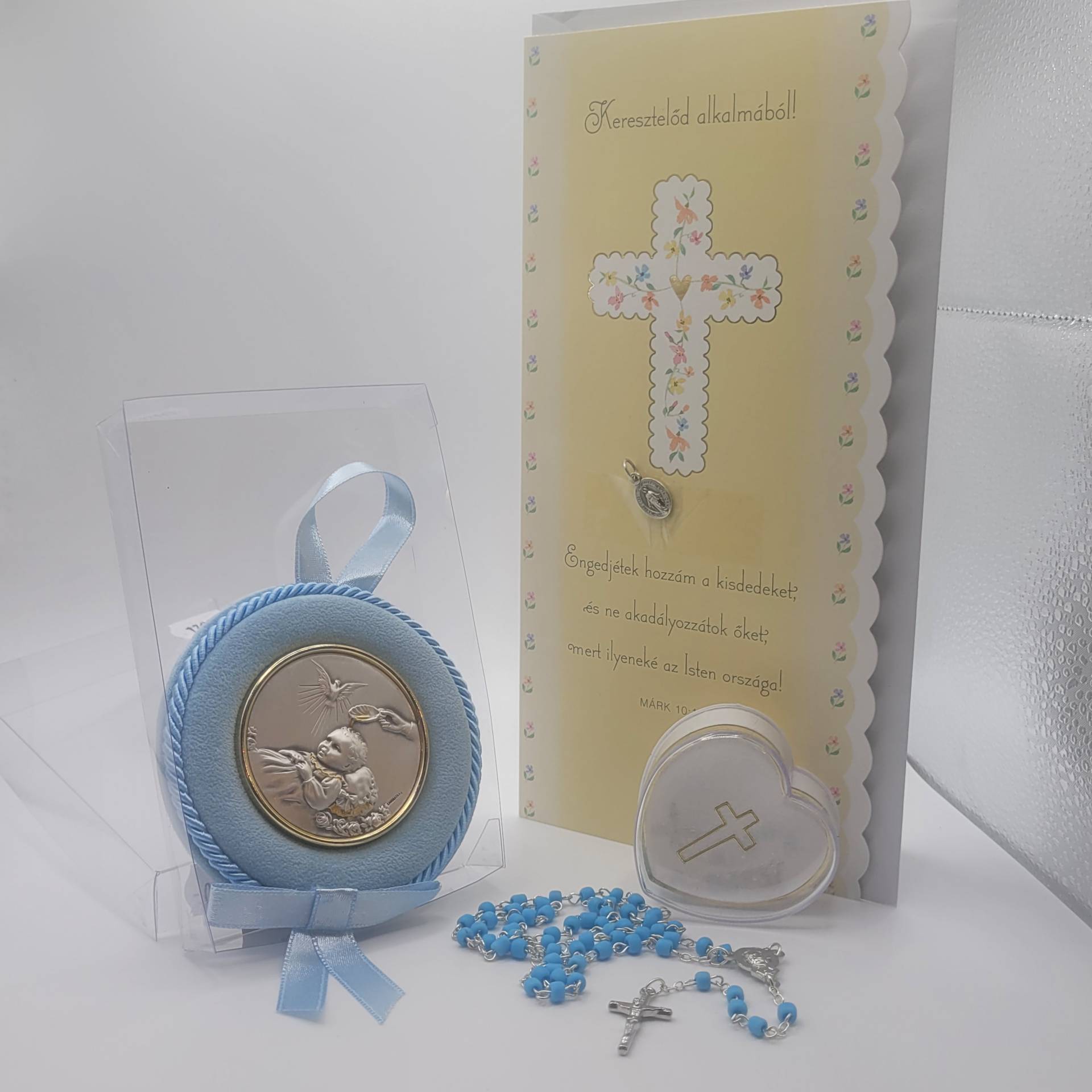 Kisfiú Keresztelőjére Ezüst Őrangyalplakett kiságy fölé+ Rózsafüzér tartóval+ Gratulációs lap Áldással + Szűzanyérem 