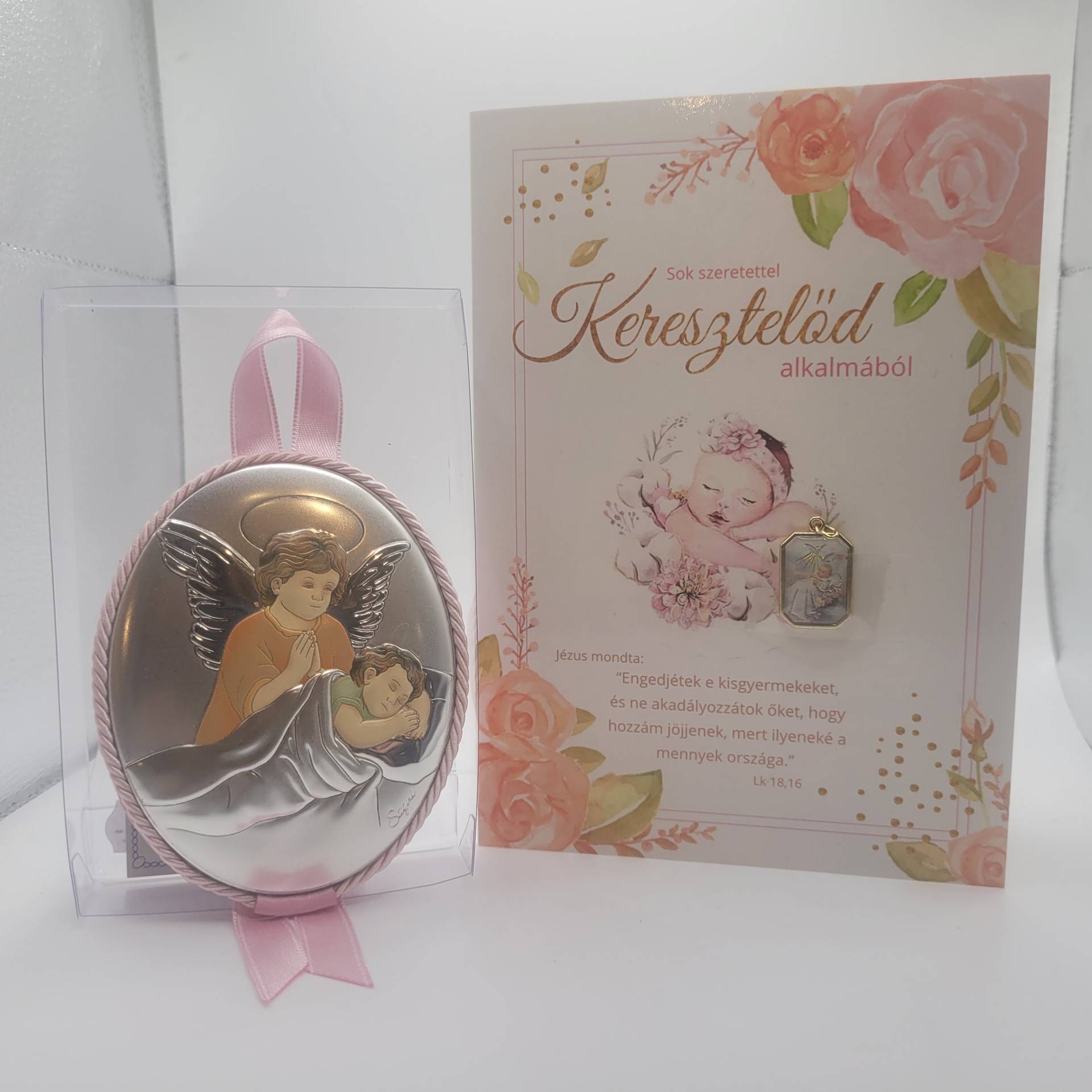 Kislánynak Keresztelőre Őrangyal ezüst plakett kiságy fölé+ gratulációs lap Keresztelői Éremmel 