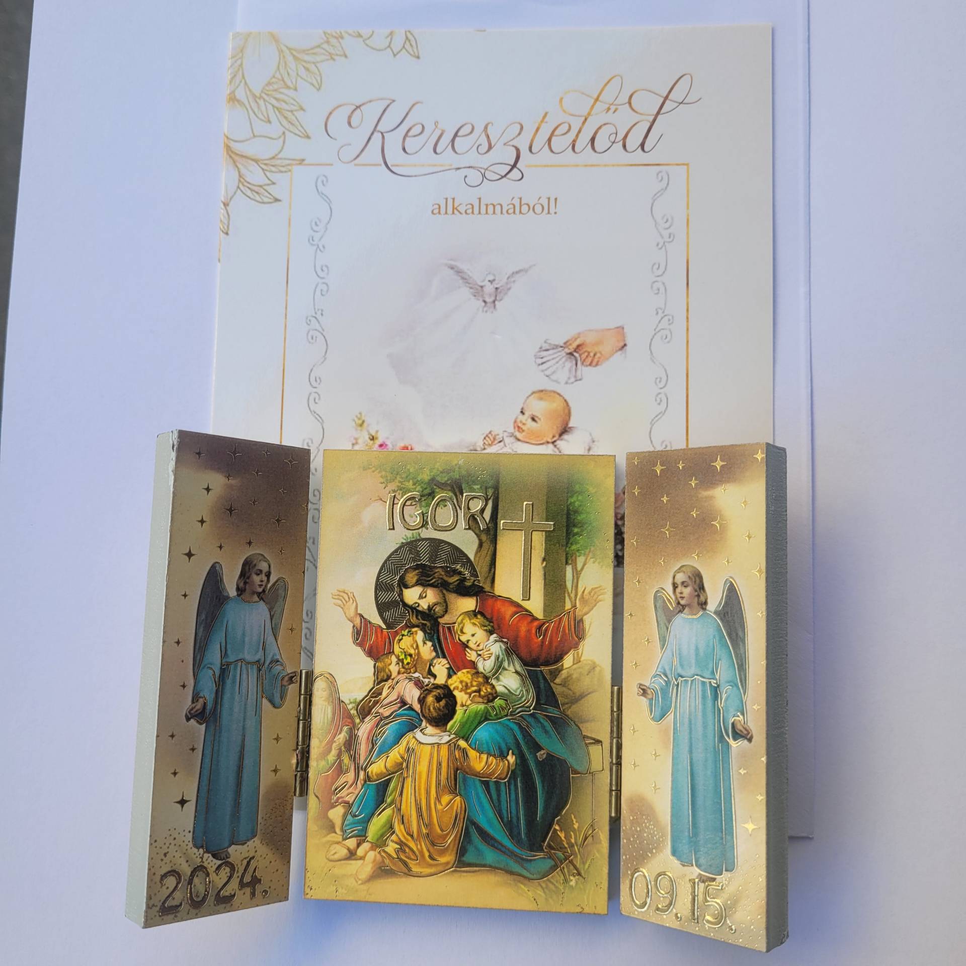 Keresztelőre /Feliratozzuk /Név+ Dátum kerül rá! + Gratulációs lap Isten szavával+ Szűzanyaérem 