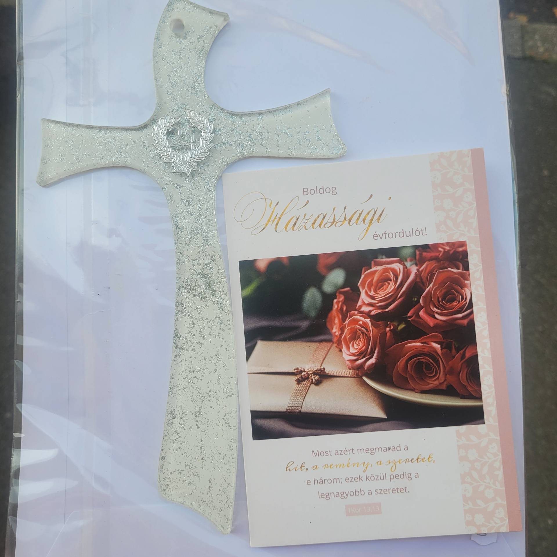 25.Házassági Évfordulóra Muránoi Üvegkereszt 25cm magas DISZCSOMAGOLJUK!+Gratulációs lap 