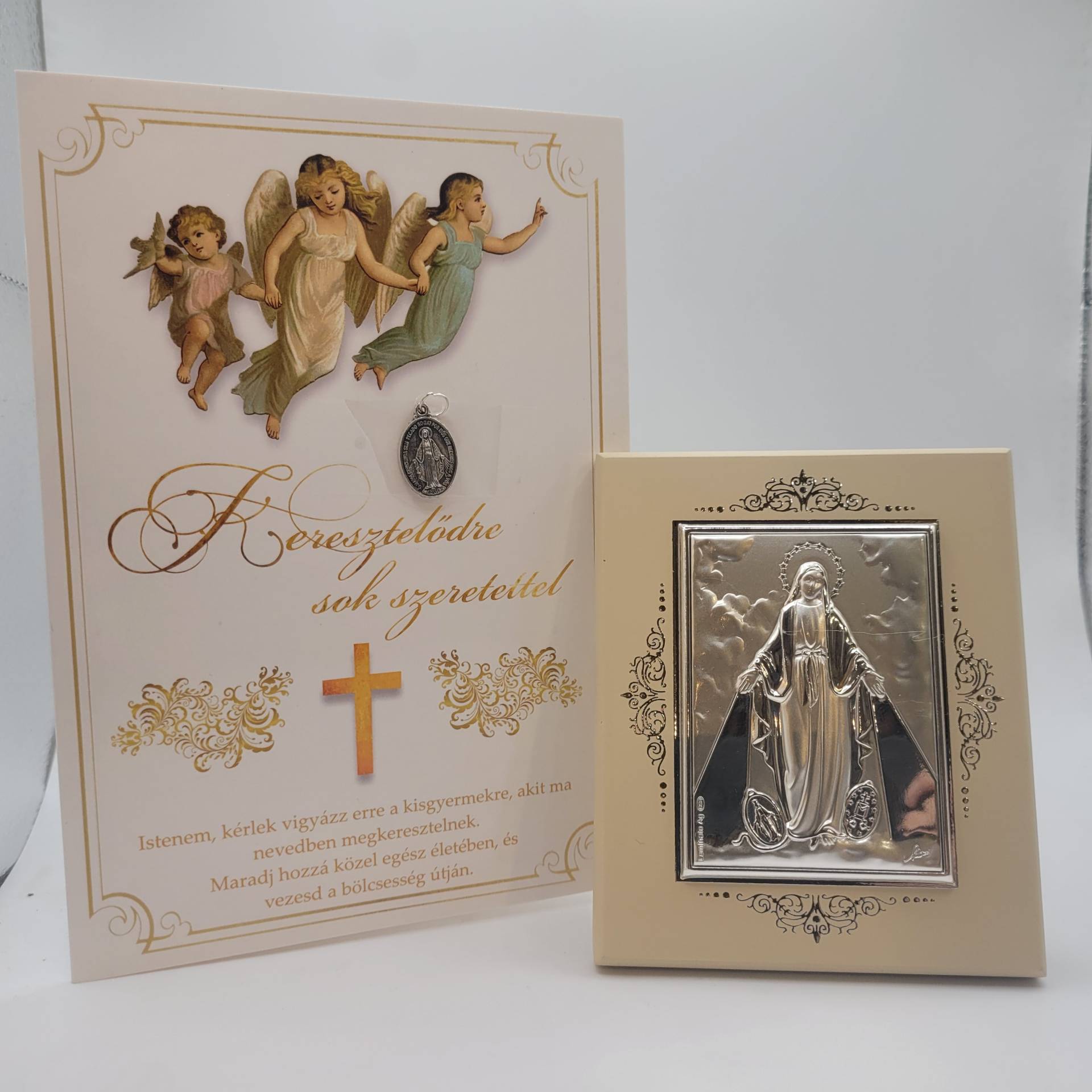 Keresztelőre Gratulációs Lap Szűzanya Csodáséremmel kiságy fölé +Ezüst ikon Csodás Segitő Szűzanya 8,5cm*10cm 