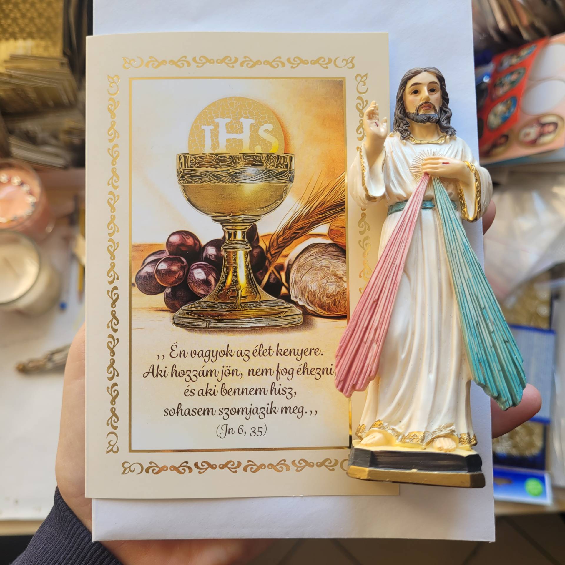 Elsőáldozásra Irgalmas jézus szobor 12cm + Emléklap amibe jókivánságunkat irhatjuk! 