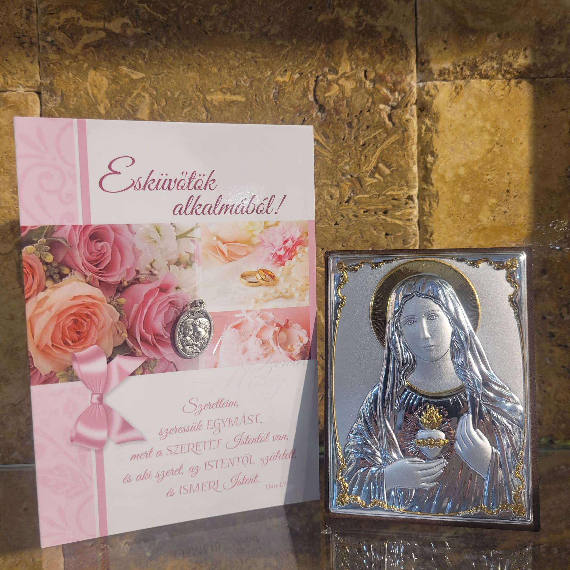 Esküvőre -Évfordulóra SZŰZ MÁRIA SZENT SZÍVE IKON EZÜST  méret: 11cm*8cm+ Garatulációs Lap Éremmel 