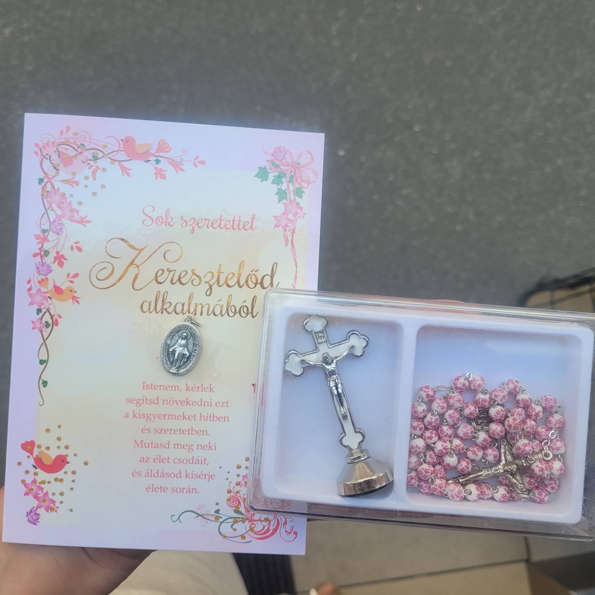 Kislány Keresztelőjére Festett Virágos Kerámia Rózsafüzér+ Talpas Kereszt 
