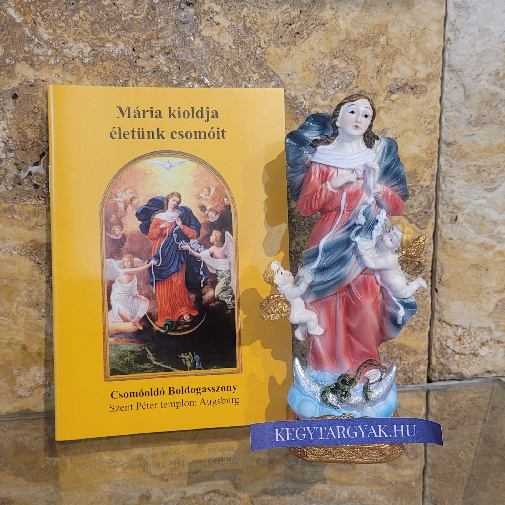 Csomóoldó Boldogasszony szobor 15cm + IMAFÜZET / A SZŰZANYA TESTI LELKI CSOMAÓKAT OLD MEG! 