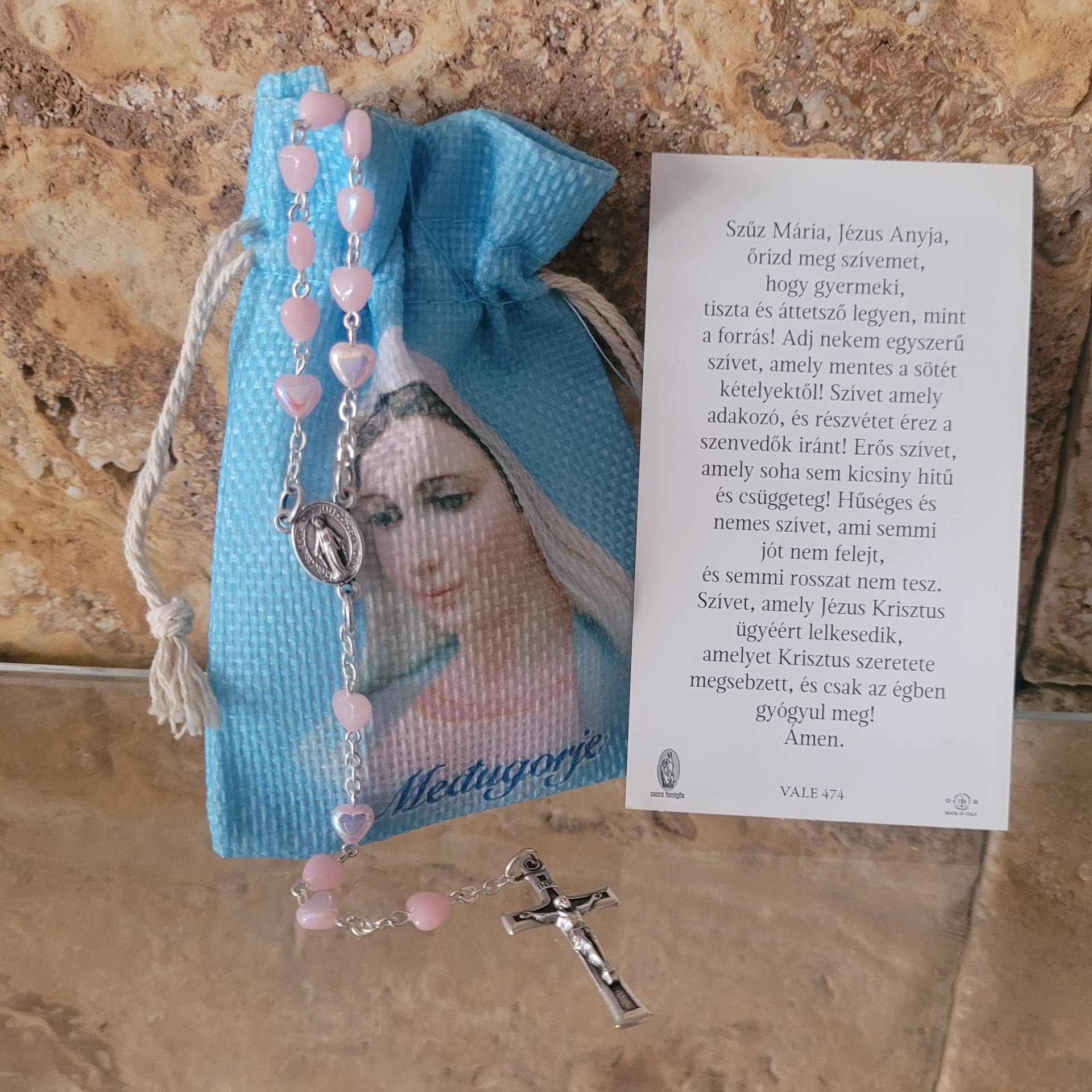 Elsőáldozásra Lányoknak Rózsafüzér Tartó szőtt Zsákban 