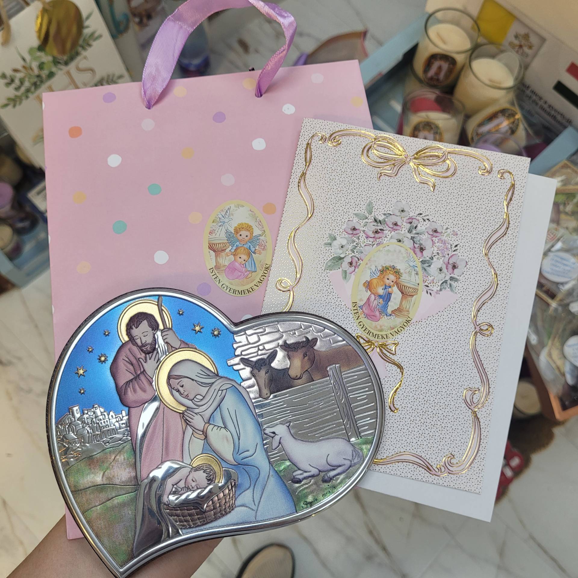 Keresztelőre Kislánynak de Kisfiúnak is Gyönyörű ajándék Ezüst SZENT CSALÁD IKON!+ Gratulációs Lap Isten szavával+Ajándéktáska 