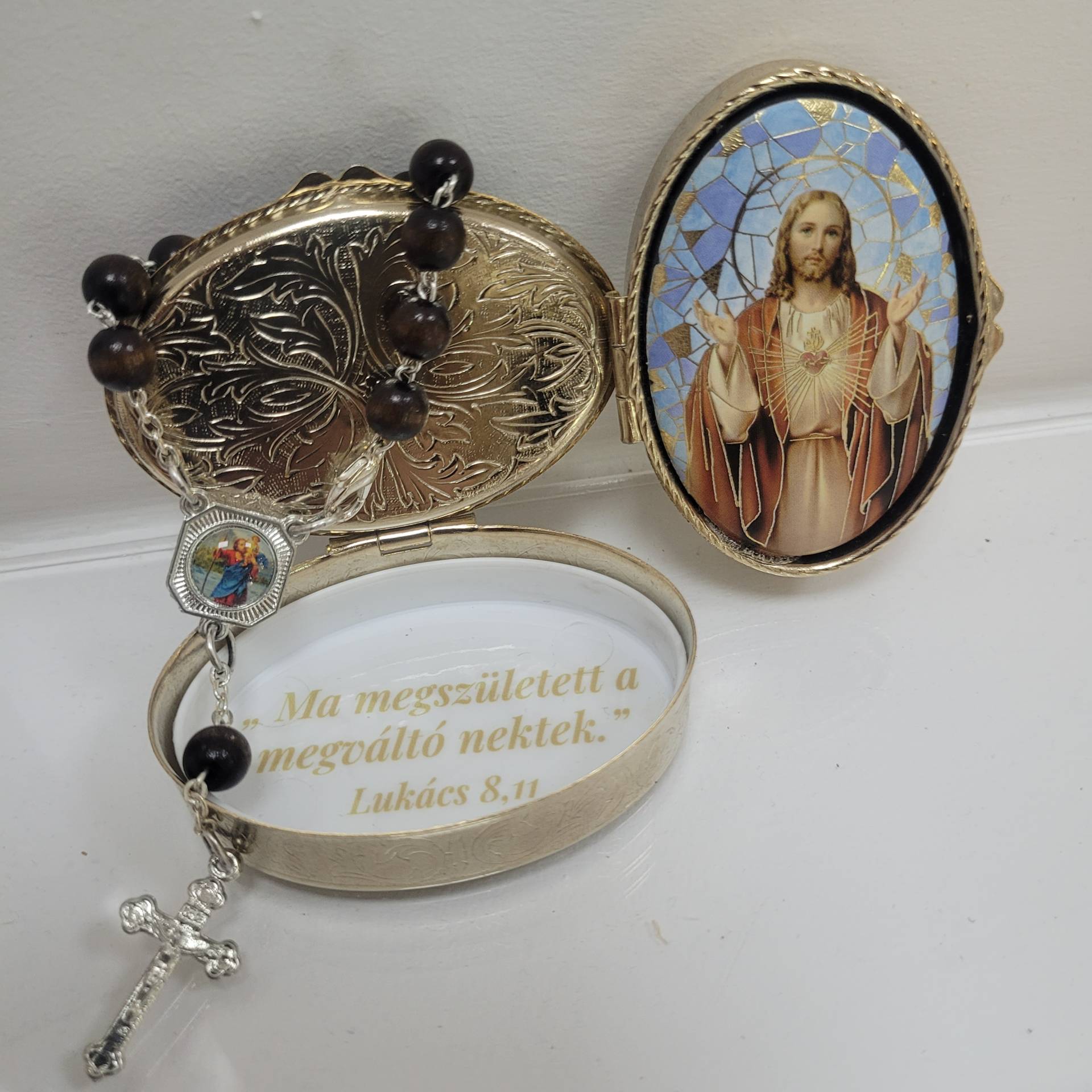 Karácsonyi Ajándék: RÉZ SZENTKÉPES TARTÓBAN+SZENT KRISTÓF AUTÓSOK RÓZSAFÜZÉRE FÁBÓL! 